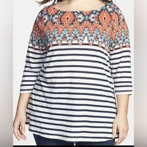 Lucky Brand Striped Top with Ikat Vibrant Pattern, Boat Neck Sz 1X
